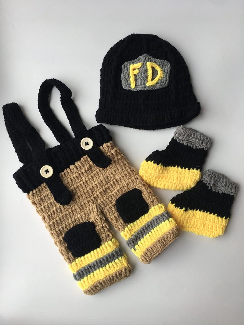 Pinbo Baby Photography Prop Crochet Knitted Firefighter Fireman Hat Pants Shoes - Image 2